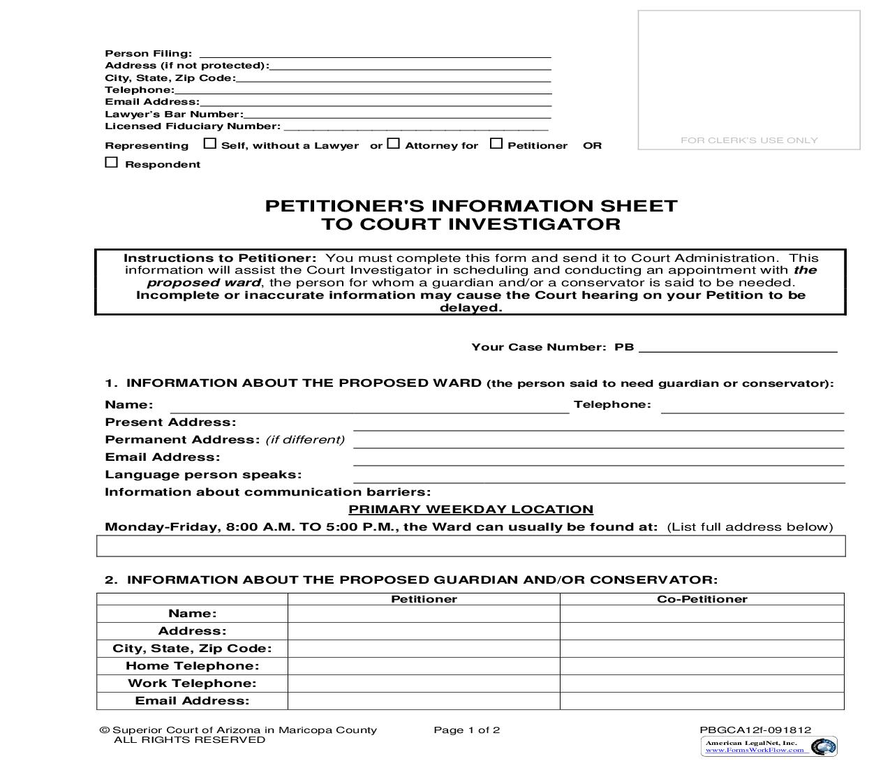 Petitioners Information Sheet To Court Investigator {PBGCA12f} | Pdf Fpdf Doc Docx | Arizona