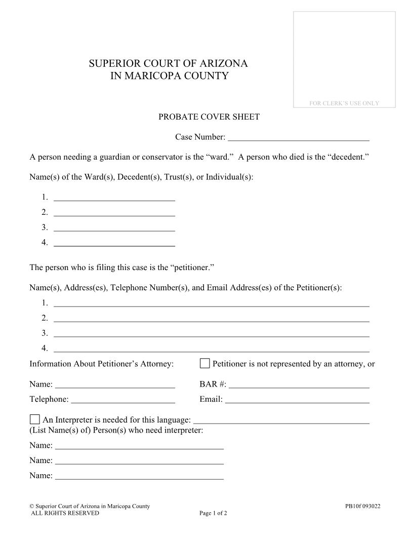Probate Coversheet {PB10f} | Pdf Fpdf Doc Docx | Arizona