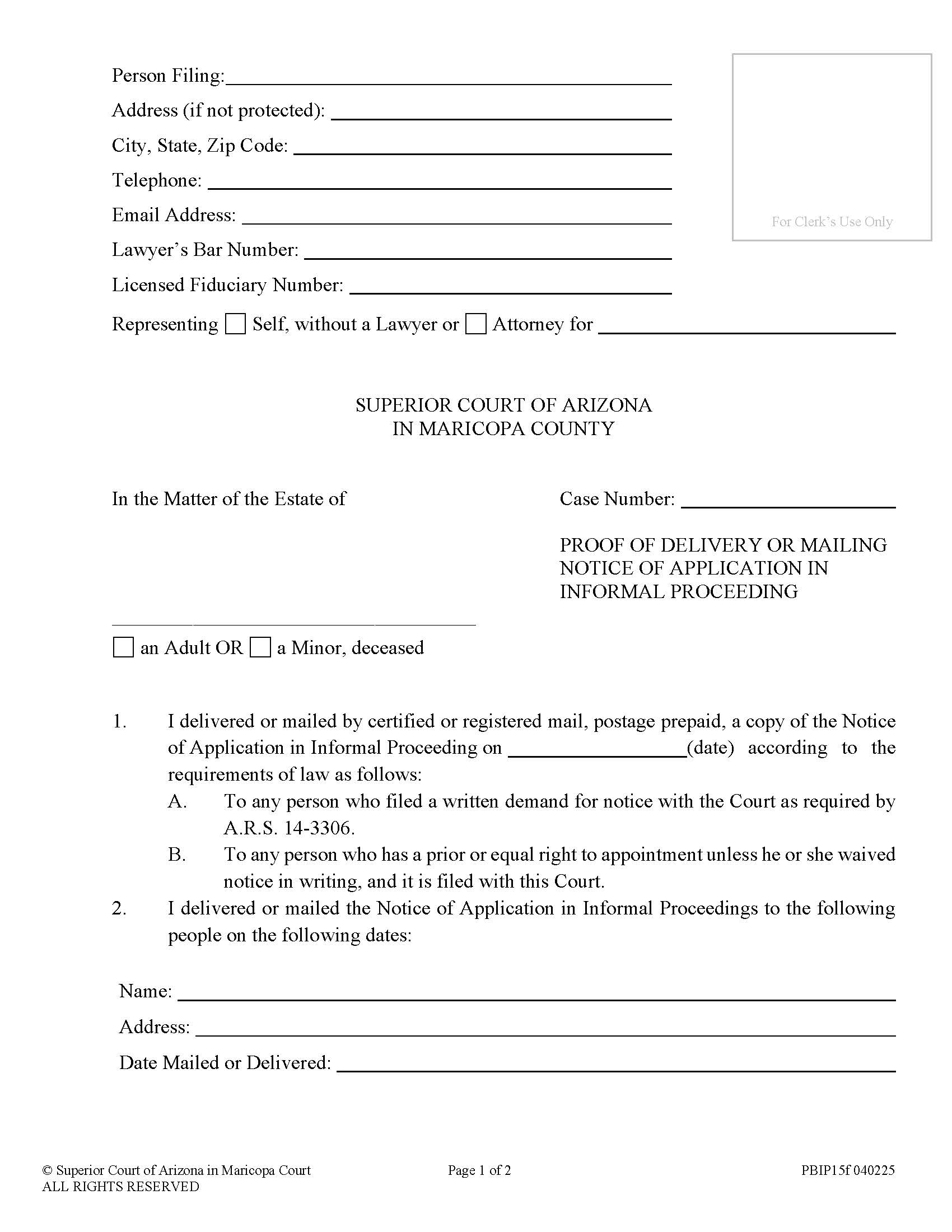 Proof Of Delivery Or Mailing Notice Of Application In Informal Proceeding {PBIP15f} | Pdf Fpdf Doc Docx | Arizona