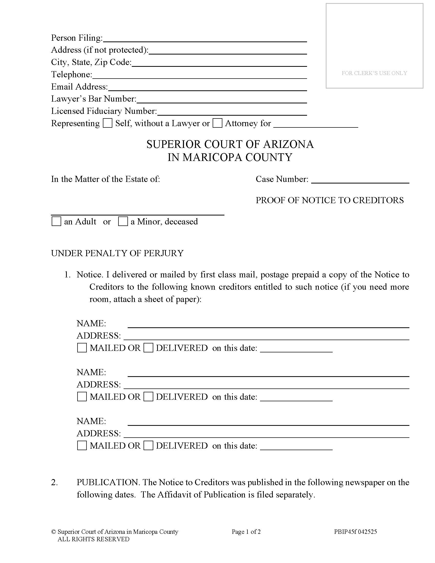 Proof Of Delivery Or Mailing Or Publishing Notice To Creditors  {PBIP45f} | Pdf Fpdf Doc Docx | Arizona