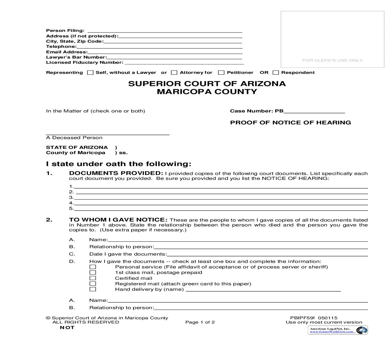 Proof Of Notice Of Hearing {PBIPF59f} | Pdf Fpdf Doc Docx | Arizona