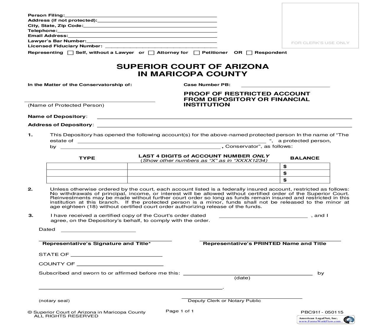 Proof Of Restricted Account From Depository Or Financial Institution {PBC91f} | Pdf Fpdf Doc Docx | Arizona