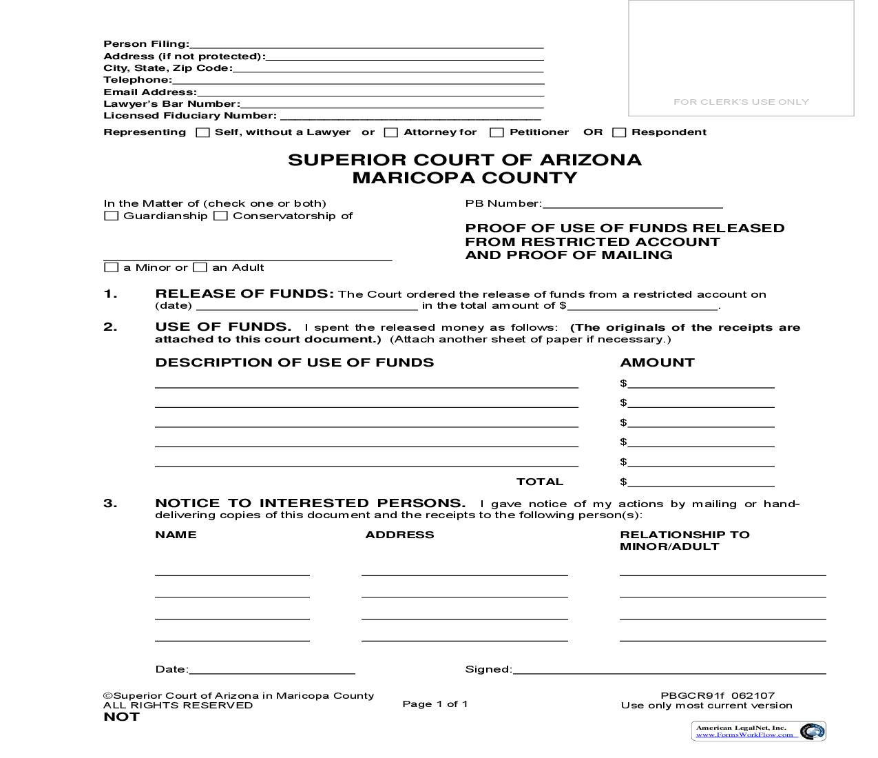 Proof Of Use Of Funds Released From Restricted Account And Proof Of Mailing {PBGCR91f} | Pdf Fpdf Doc Docx | Arizona