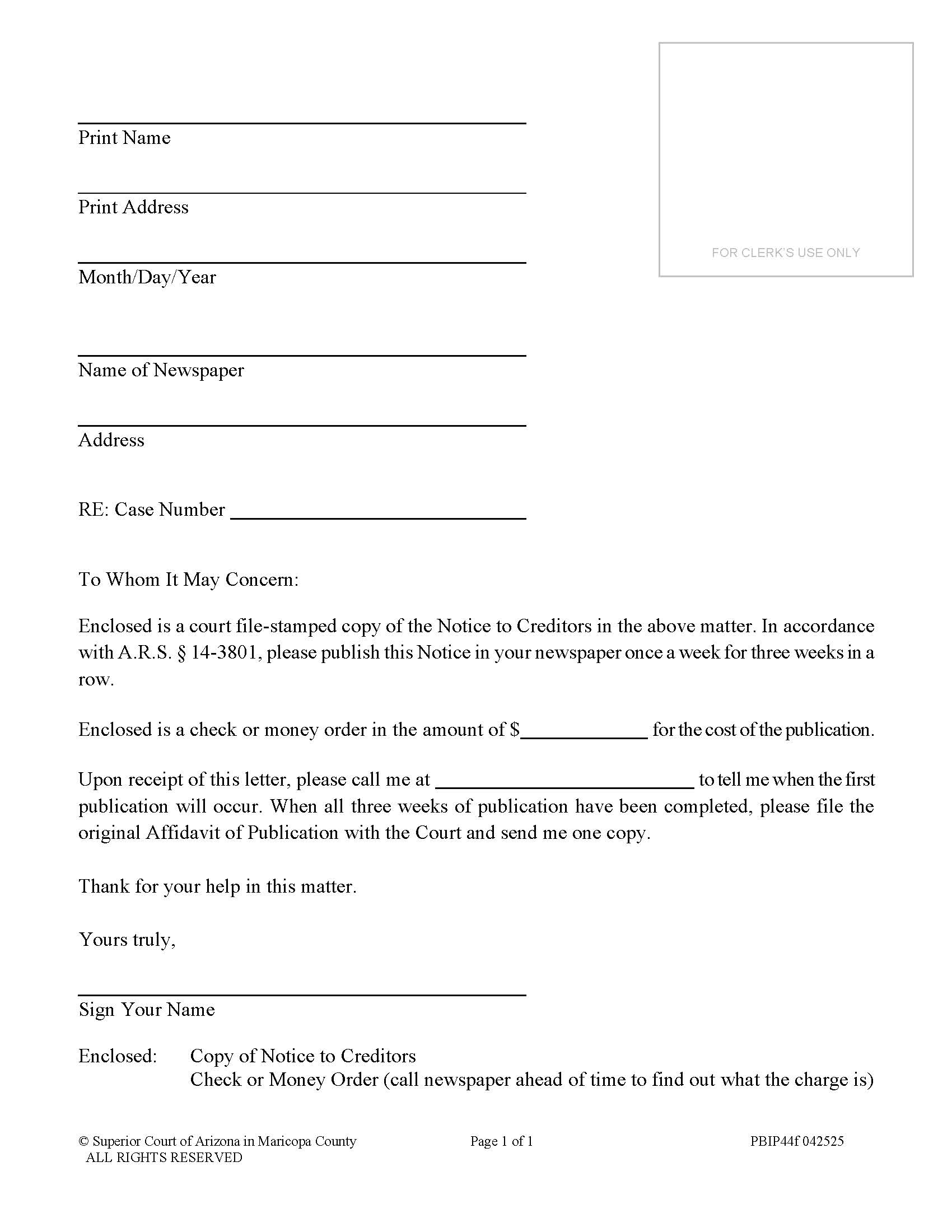 Publication Of Notice Of Creditors {PBIP44f} | Pdf Fpdf Doc Docx | Arizona