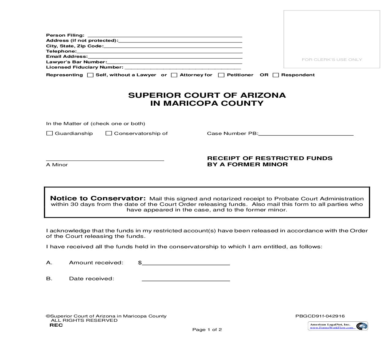 Receipt Of Restricted Funds By Former Protected Person {PBGCD91f} | Pdf Fpdf Doc Docx | Arizona