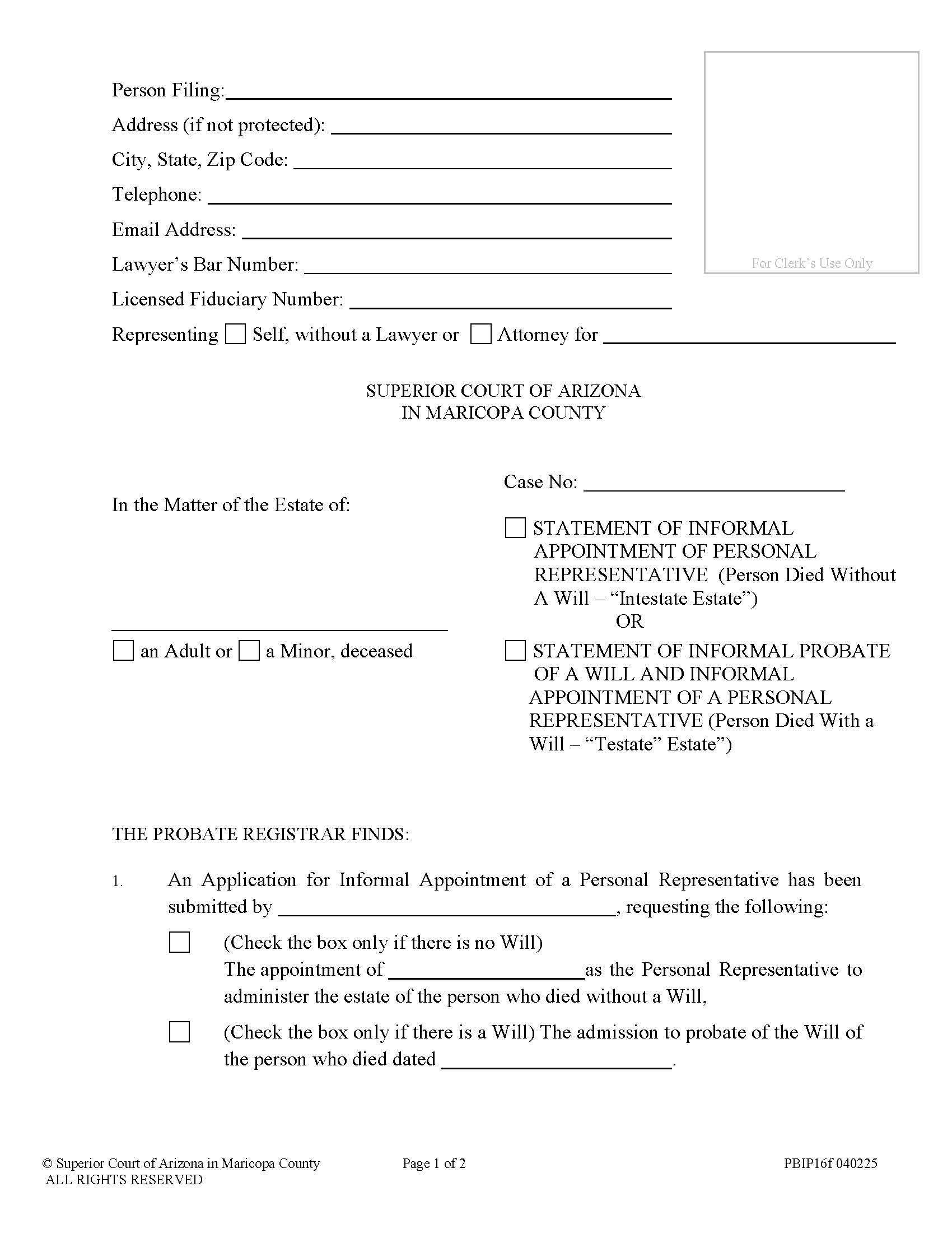 Statement Of Informal Appointment Of Personal Representative And Or Informal Probate Of Will {PBIP16f} | Pdf Fpdf Doc Docx | Arizona