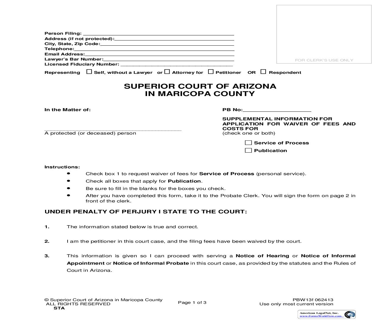 Supplemental Information For Application For Waiver Of Fees And Costs For Service Of Process And Or Publication {PBW13f} | Pdf Fpdf Doc Docx | Arizona