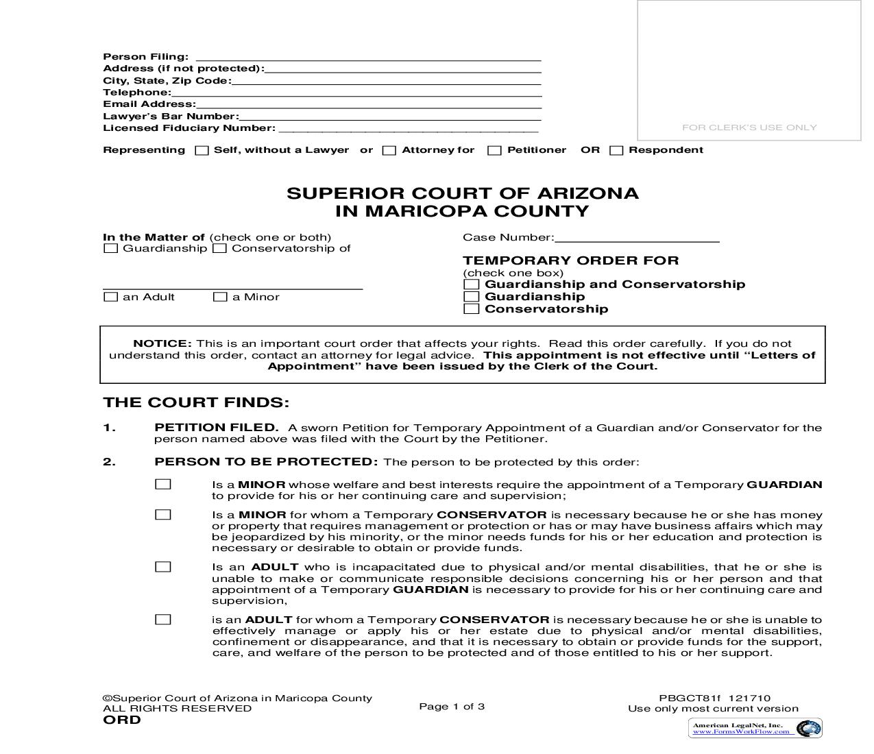 Temporary Order For Guardianship And Or Conservatorship {PBGCT81f} | Pdf Fpdf Doc Docx | Arizona