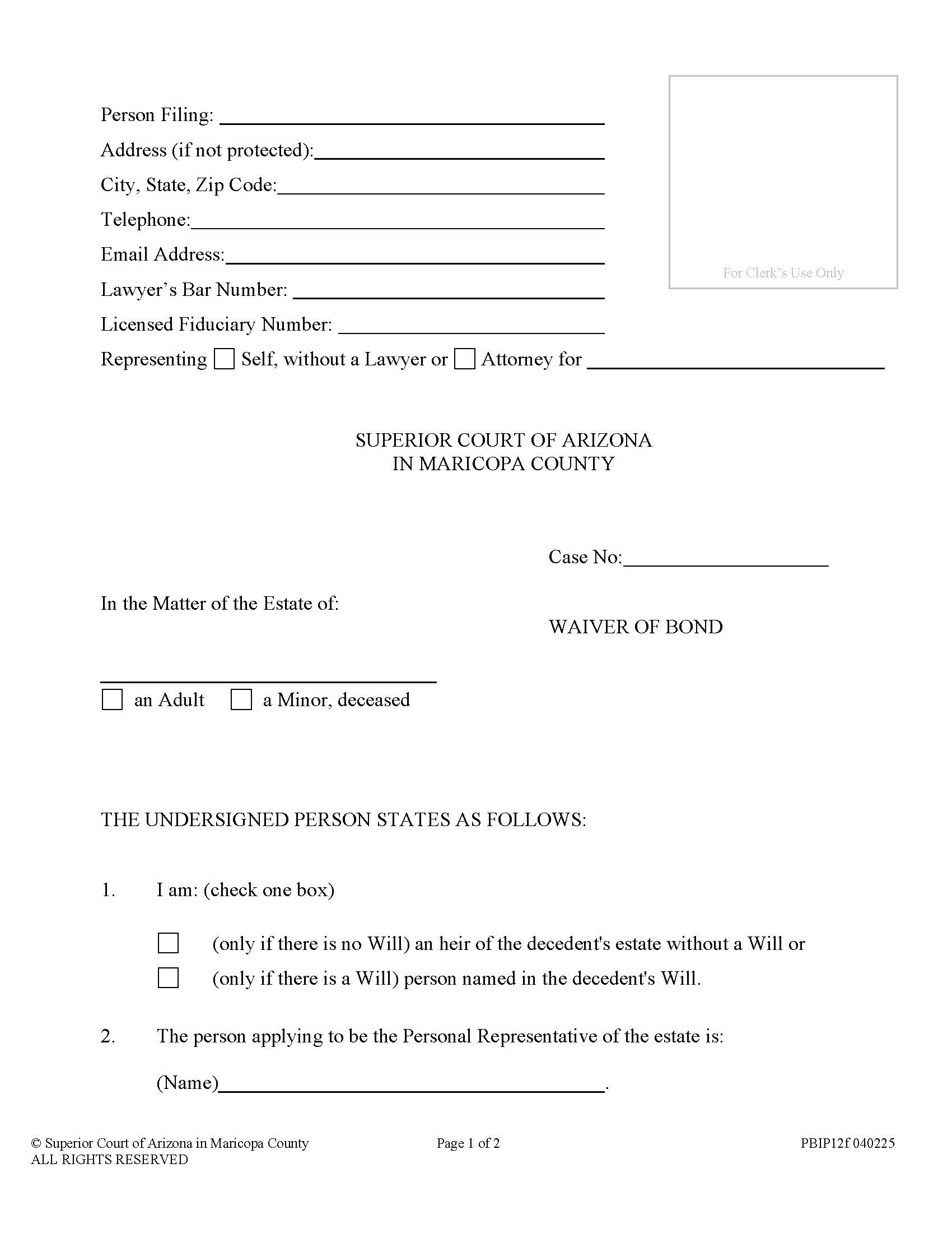 Waiver Of Bond {PBIP12f} | Pdf Fpdf Doc Docx | Arizona