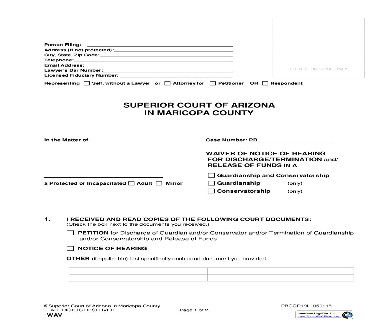 Waiver Of Notice Of Hearing For Discharge Or Termination And Or Release Of Funds In A {PBGCD19f} | Pdf Fpdf Doc Docx | Arizona