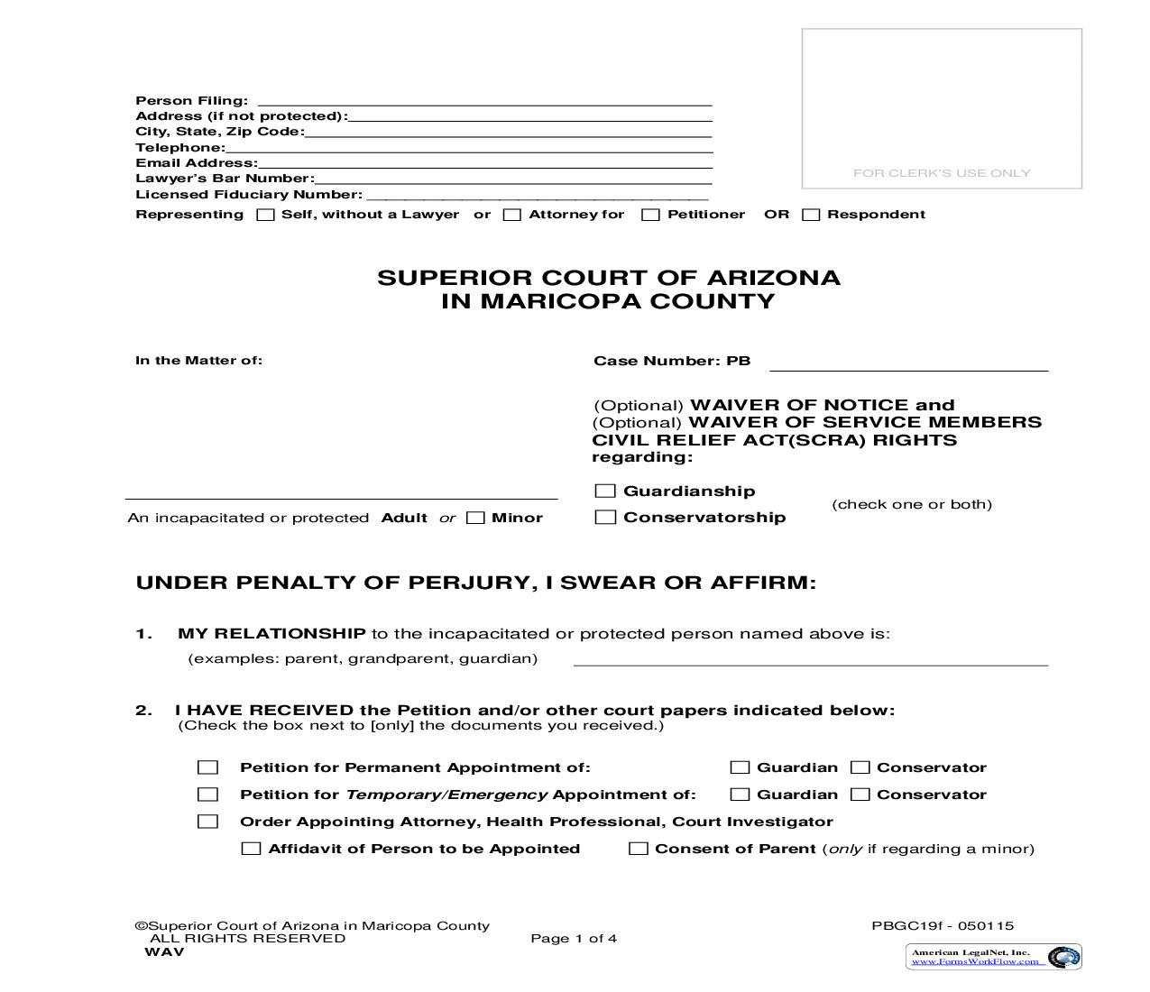 Waiver Of Notice Of Hearing On Petition Regarding Guardianship And Or Conservatorship Or Accounting {PBGC19f} | Pdf Fpdf Doc Docx | Arizona