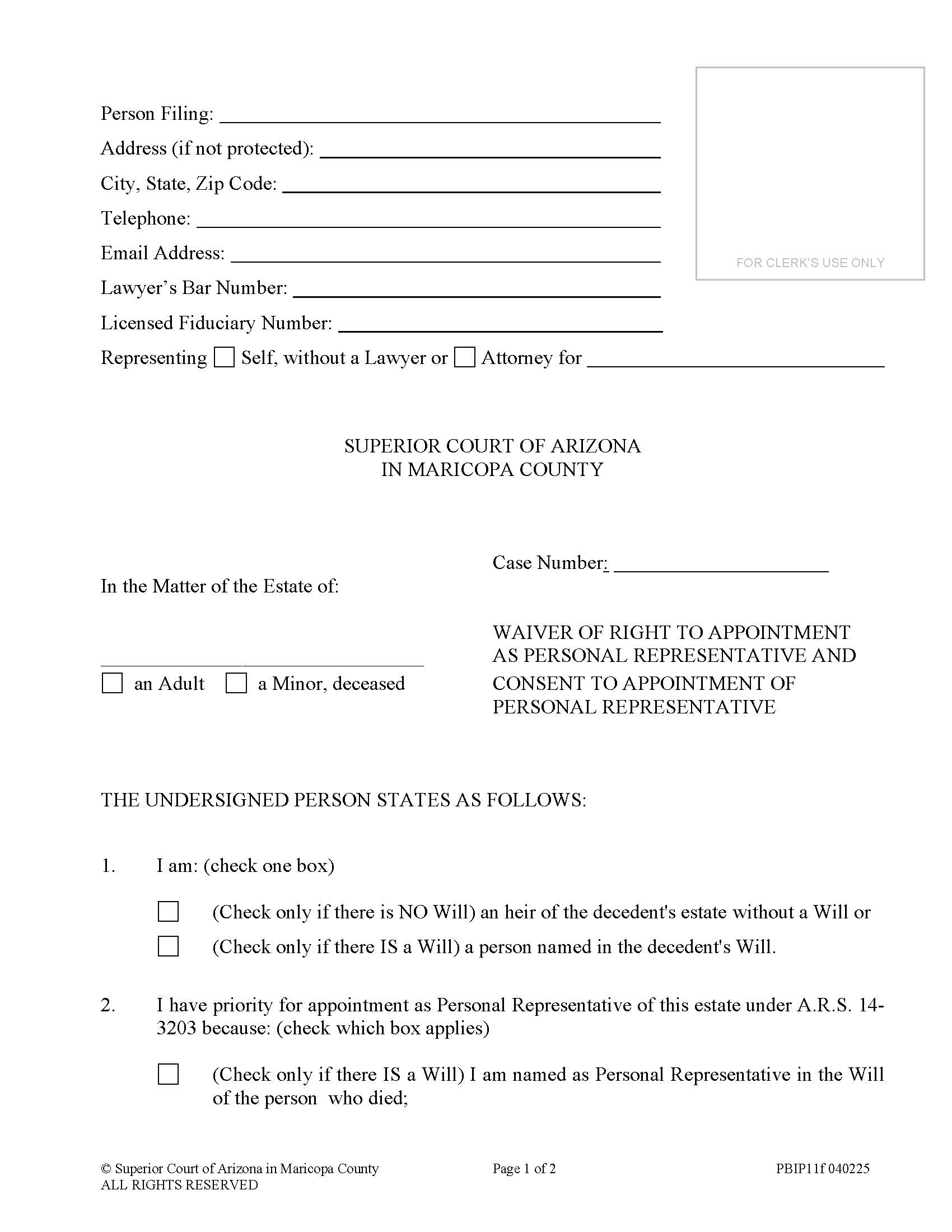 Waiver Of Right To Appointment As Personal Representative And Consent To Appointment Of Personal Representative {PBIP11f} | Pdf Fpdf Doc Docx | Arizona