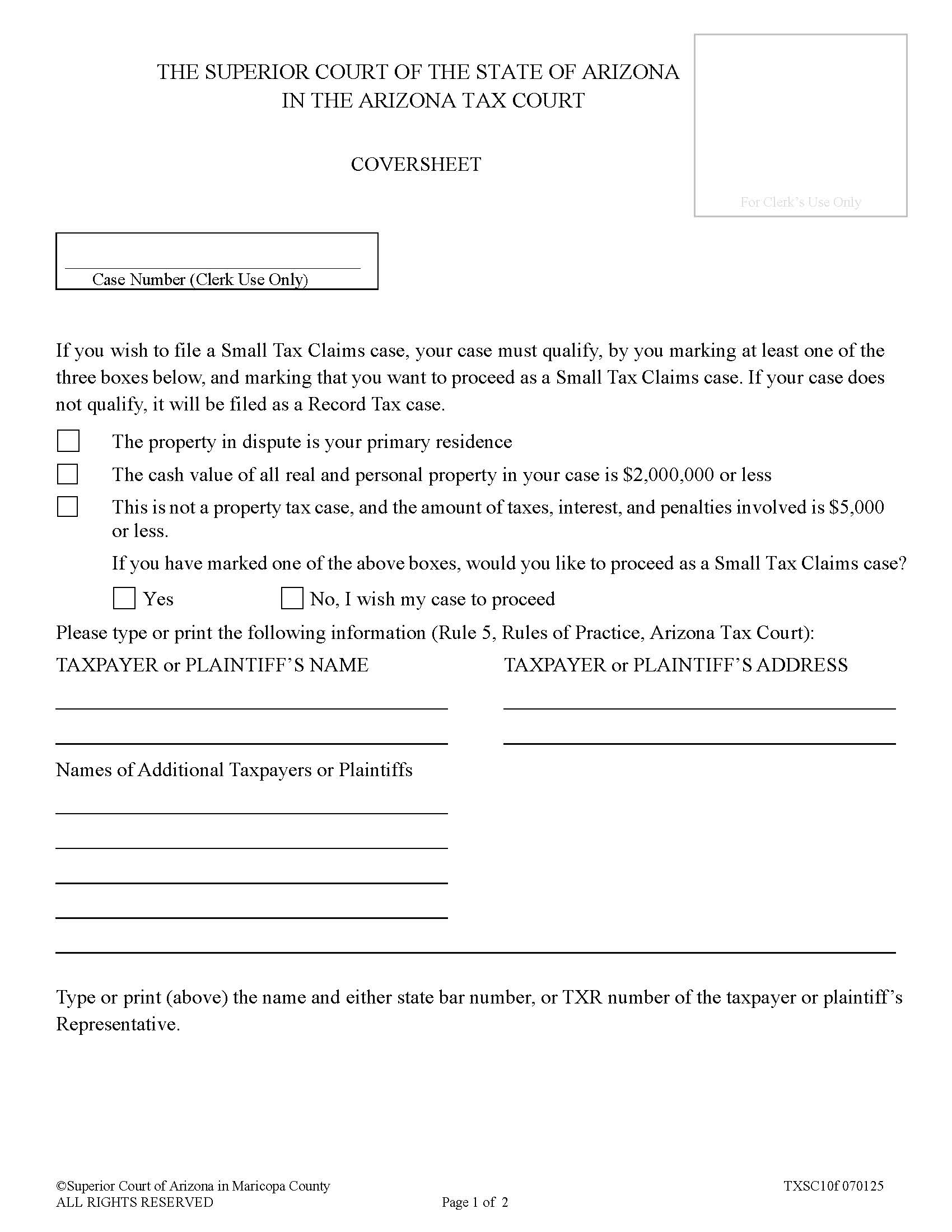 Arizona Tax Court Cover Sheet  {TXSC10f} | Pdf Fpdf Doc Docx | Arizona
