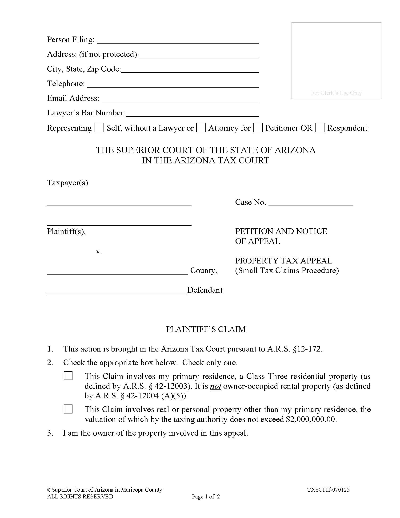 Petition And Notice Of Appeal Property Tax Appeal {TXSC11f} | Pdf Fpdf Doc Docx | Arizona