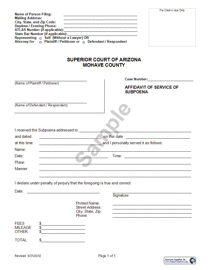 Affidavit Of Service Of Subpoena | Pdf Fpdf Doc Docx | Arizona