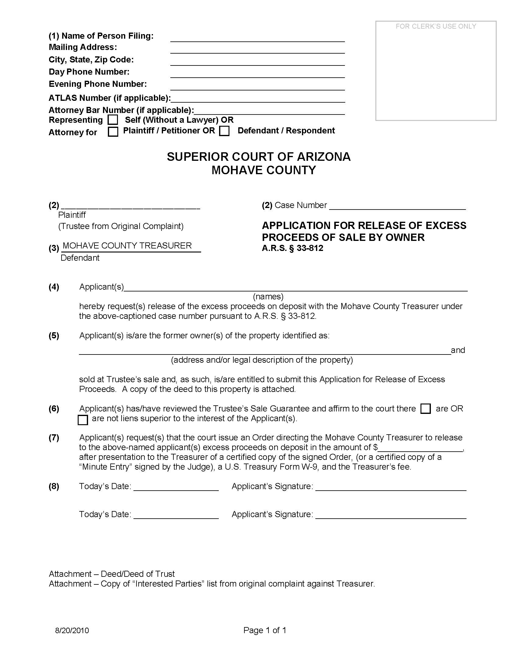 Application For Release Of Excess Proceeds Of Sale By Owner | Pdf Fpdf Doc Docx | Arizona