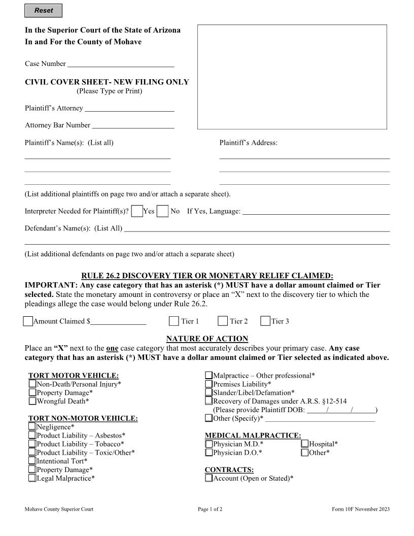 Civil Cover Sheet New Filings Only | Pdf Fpdf Doc Docx | Arizona