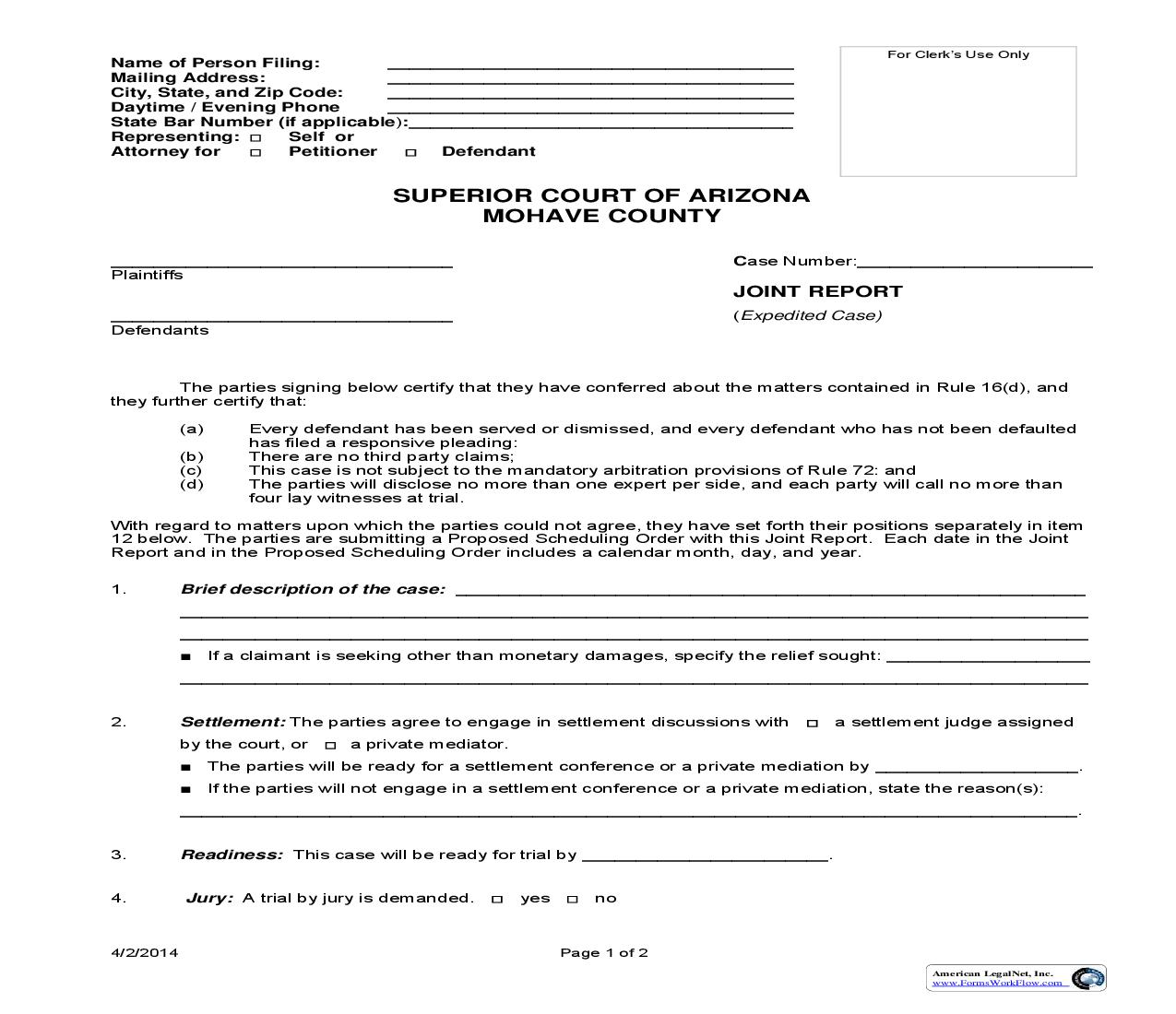 Joint Report And Proposed Scheduling Order (Expedited Case) | Pdf Fpdf Doc Docx | Arizona