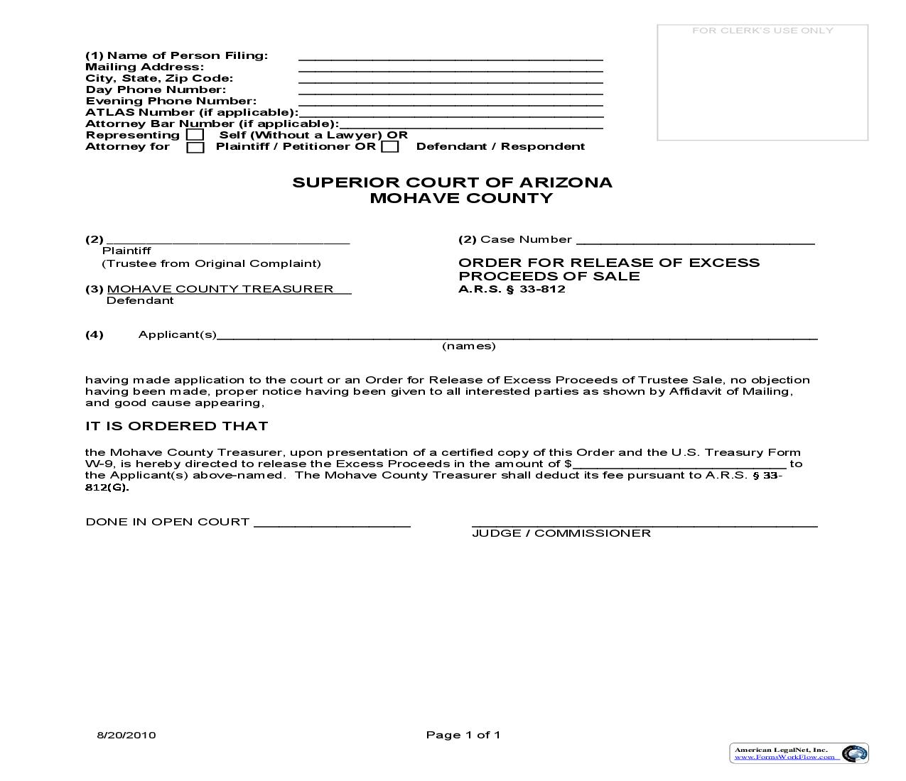 Order For Release Of Excess Proceeds Of Sale | Pdf Fpdf Doc Docx | Arizona