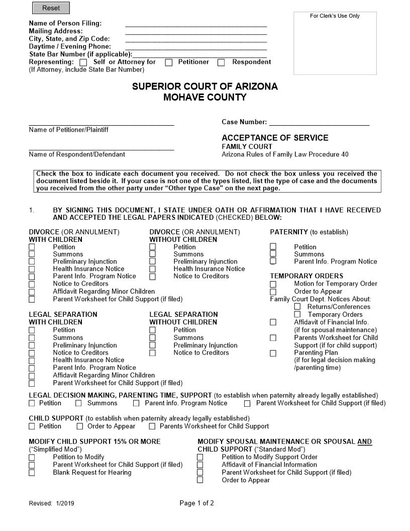 Acceptance Of Service - Family Court (Mohave County) | Pdf Fpdf Doc Docx | Arizona