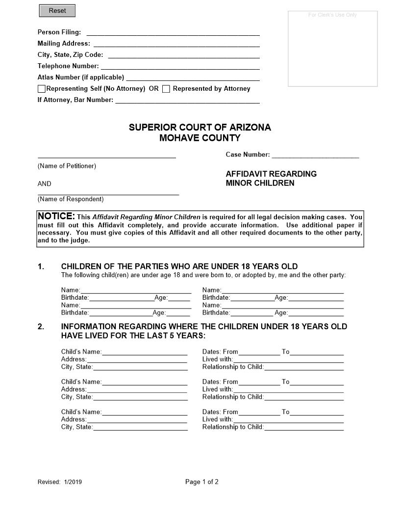Affidavit Regarding Minor Children | Pdf Fpdf Doc Docx | Arizona