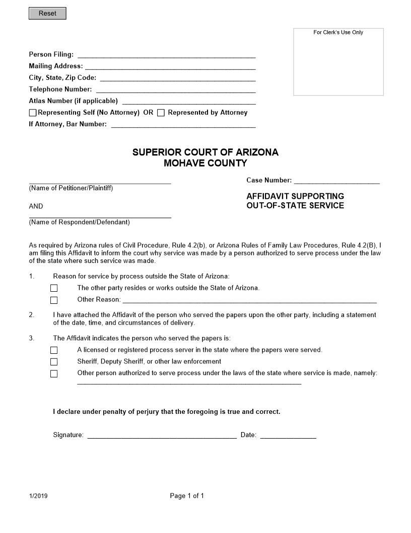Affidavit Supporting Out Of State Service | Pdf Fpdf Doc Docx | Arizona