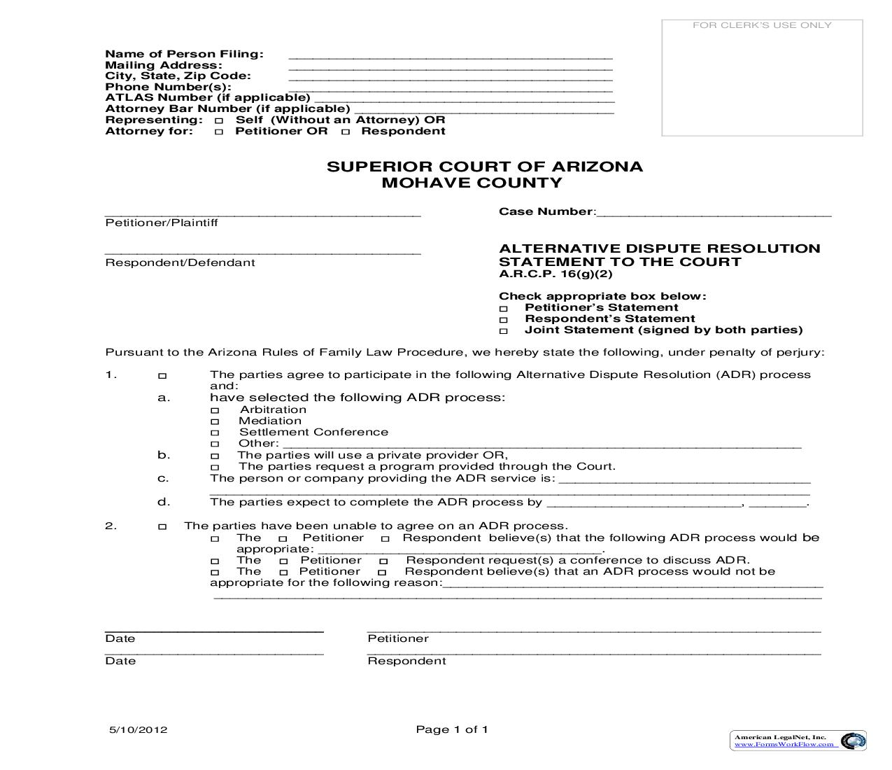 Alternative Dispute Resolution Statement To The Court | Pdf Fpdf Doc Docx | Arizona