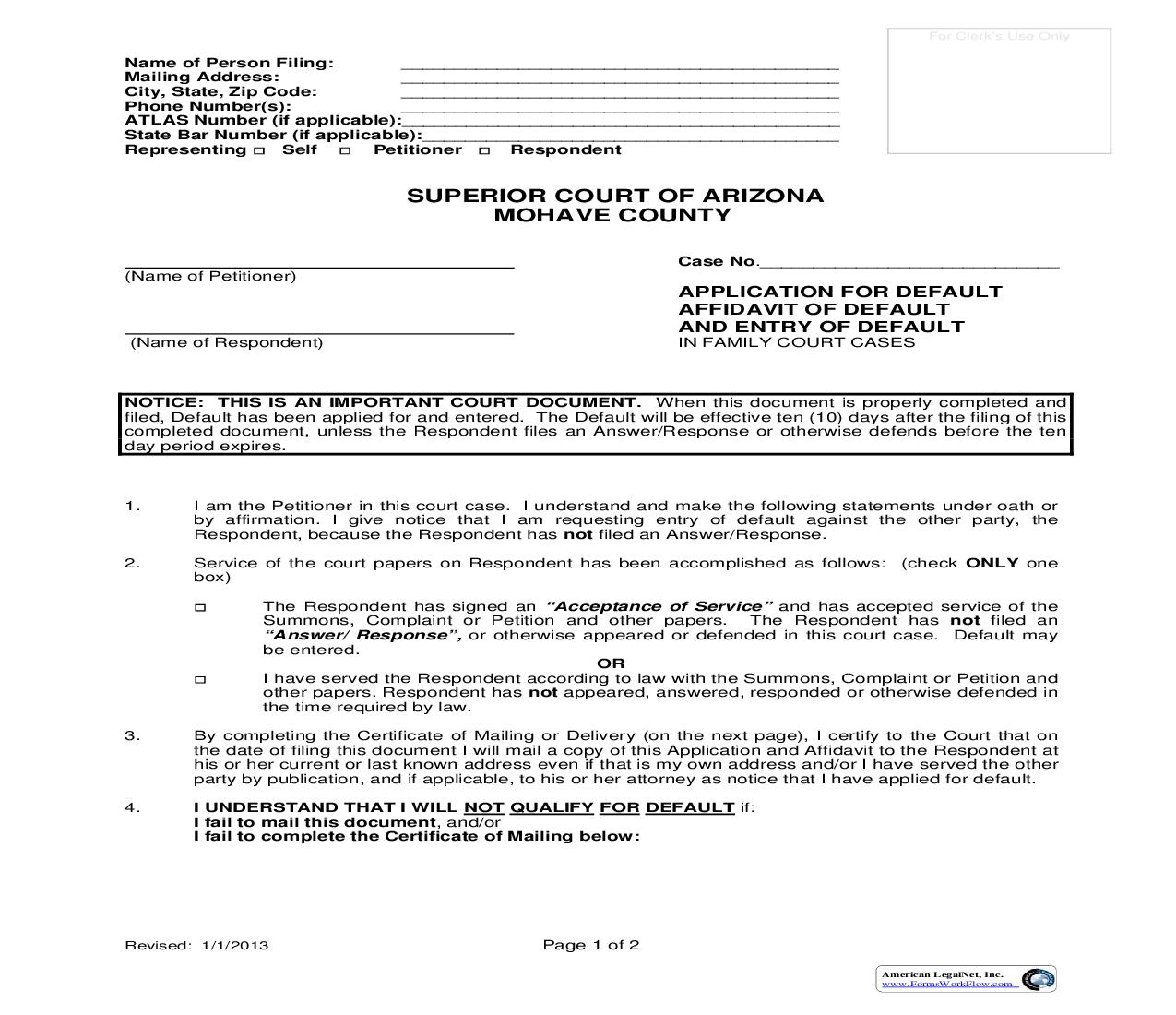 Application For Default Affidavit Of Default And Entry Of Default | Pdf Fpdf Doc Docx | Arizona