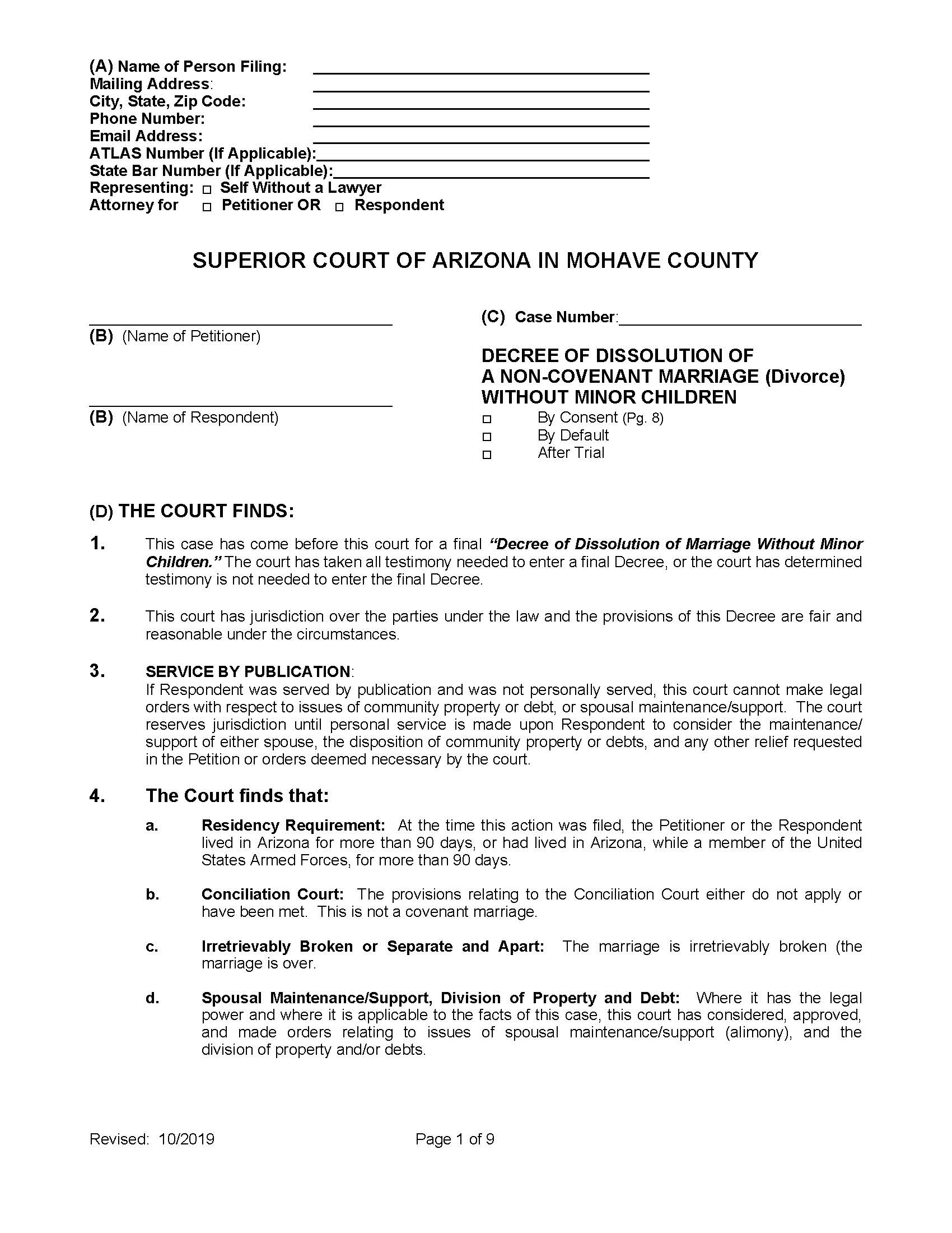 Decree Of Dissolution Of Marriage Divorce Without Children | Pdf Fpdf Doc Docx | Arizona