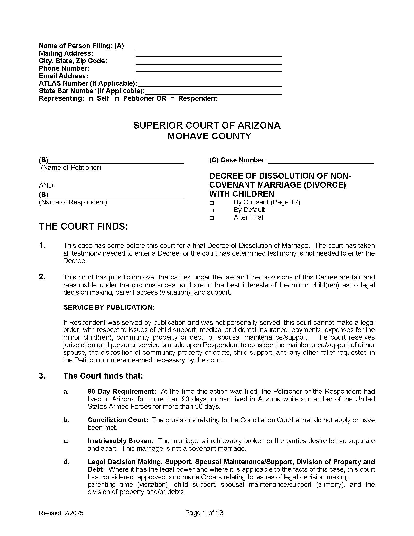 Decree Of Dissolution Of Non-Covenant Marriage (Divorce) With Children | Pdf Fpdf Doc Docx | Arizona