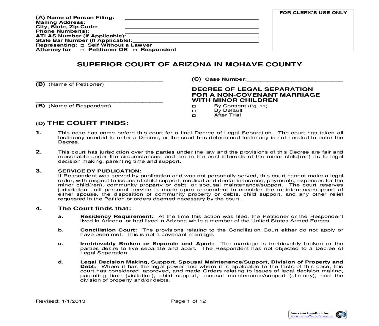 Decree Of Legal Separation For A Non Covenant Marriage With Minor Children | Pdf Fpdf Doc Docx | Arizona