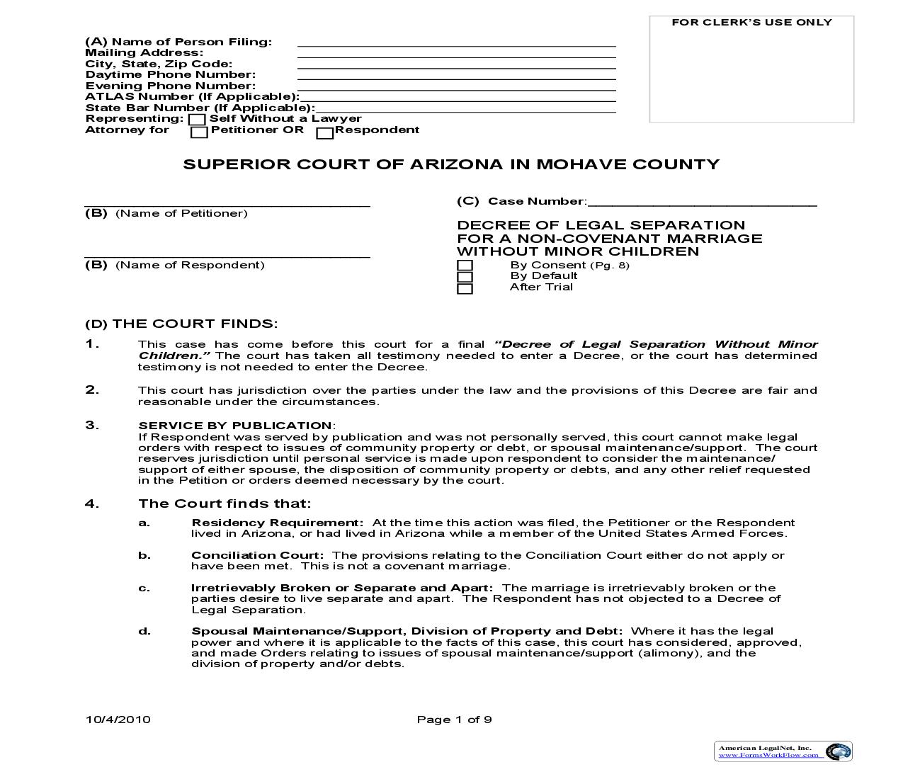 Decree Of Legal Separation For A Non Covenant Marriage Without Minor Children | Pdf Fpdf Doc Docx | Arizona