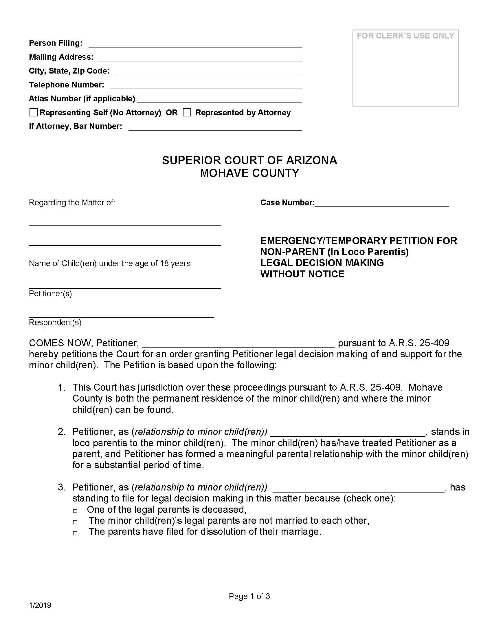 Emergency Petition For Temporary Custody Order Without Notice | Pdf Fpdf Doc Docx | Arizona