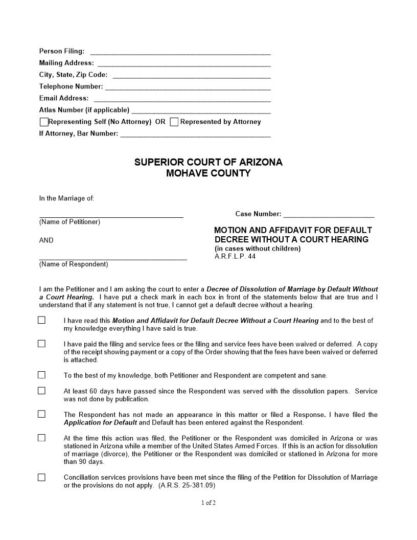 Motion And Affidavit For Default Decree Without Hearing Without Children | Pdf Fpdf Doc Docx | Arizona