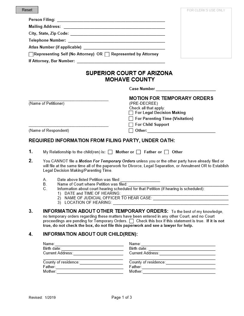 Motion For Temporary Orders | Pdf Fpdf Doc Docx | Arizona