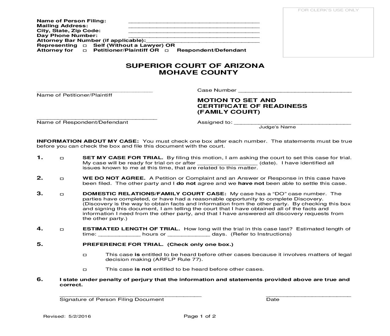 Motion To Set And Certificate Of Readiness (Family Court) | Pdf Fpdf Doc Docx | Arizona