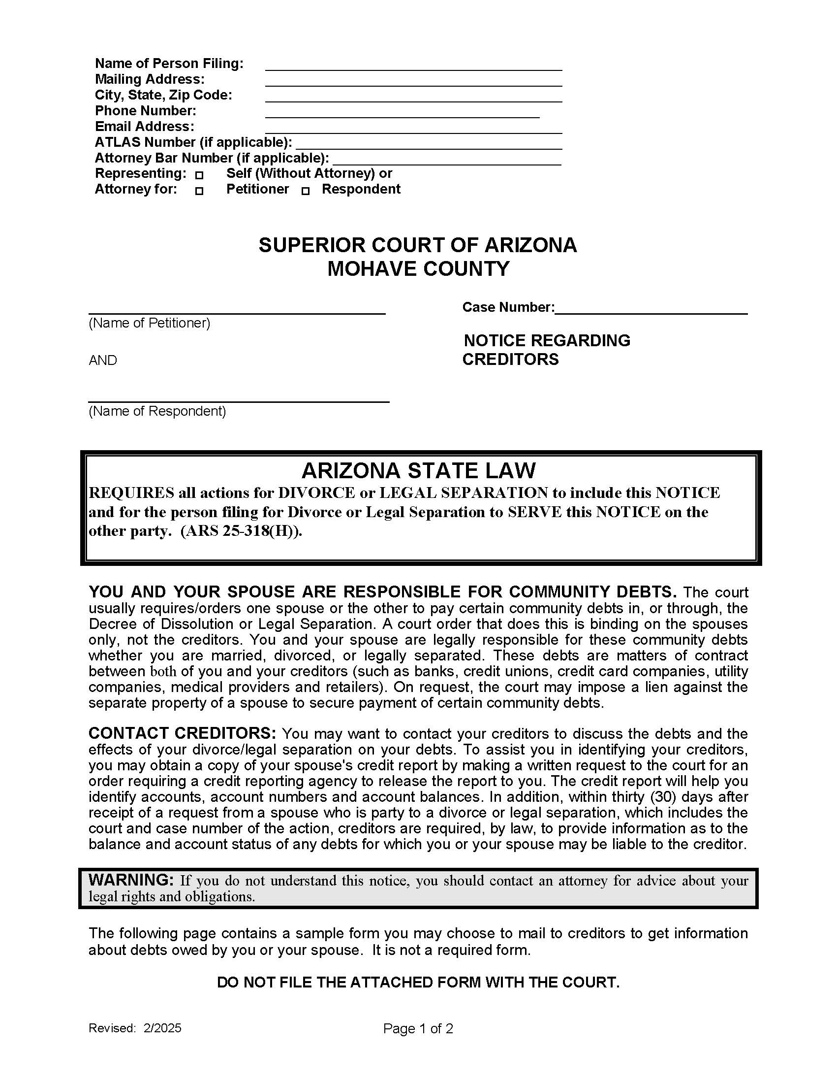 Notice Regarding Creditors | Pdf Fpdf Doc Docx | Arizona