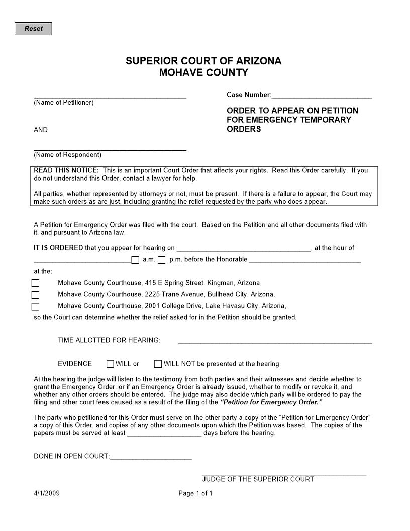 Order To Appear On Petition For Emergency Temporary Orders | Pdf Fpdf Doc Docx | Arizona