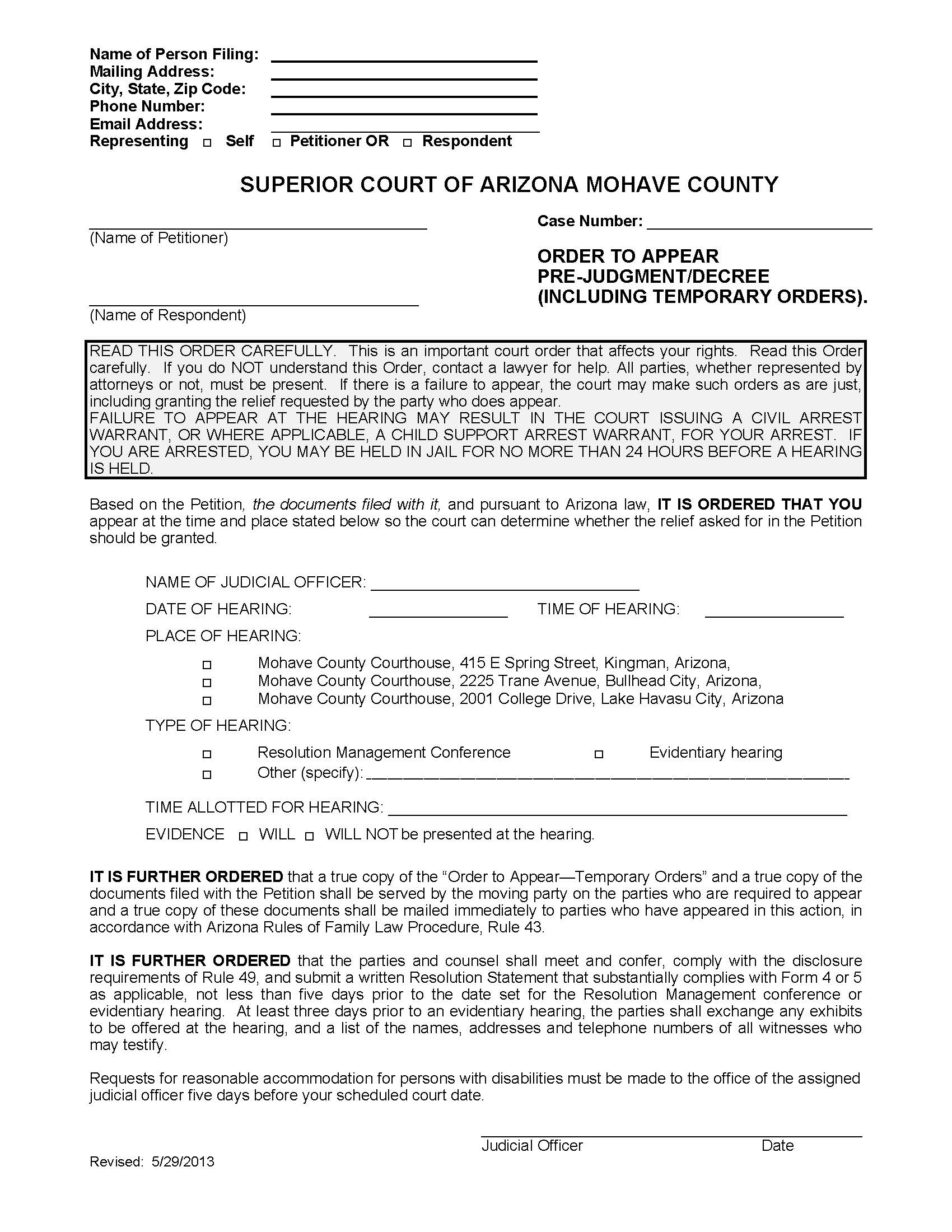 Order To Appear Pre Judgment Decree Including Temporary Orders | Pdf Fpdf Doc Docx | Arizona