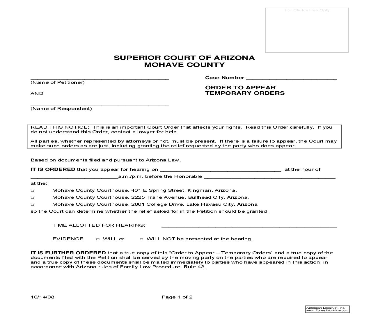 Order To Appear Temporary Orders (Mohave County) | Pdf Fpdf Doc Docx | Arizona