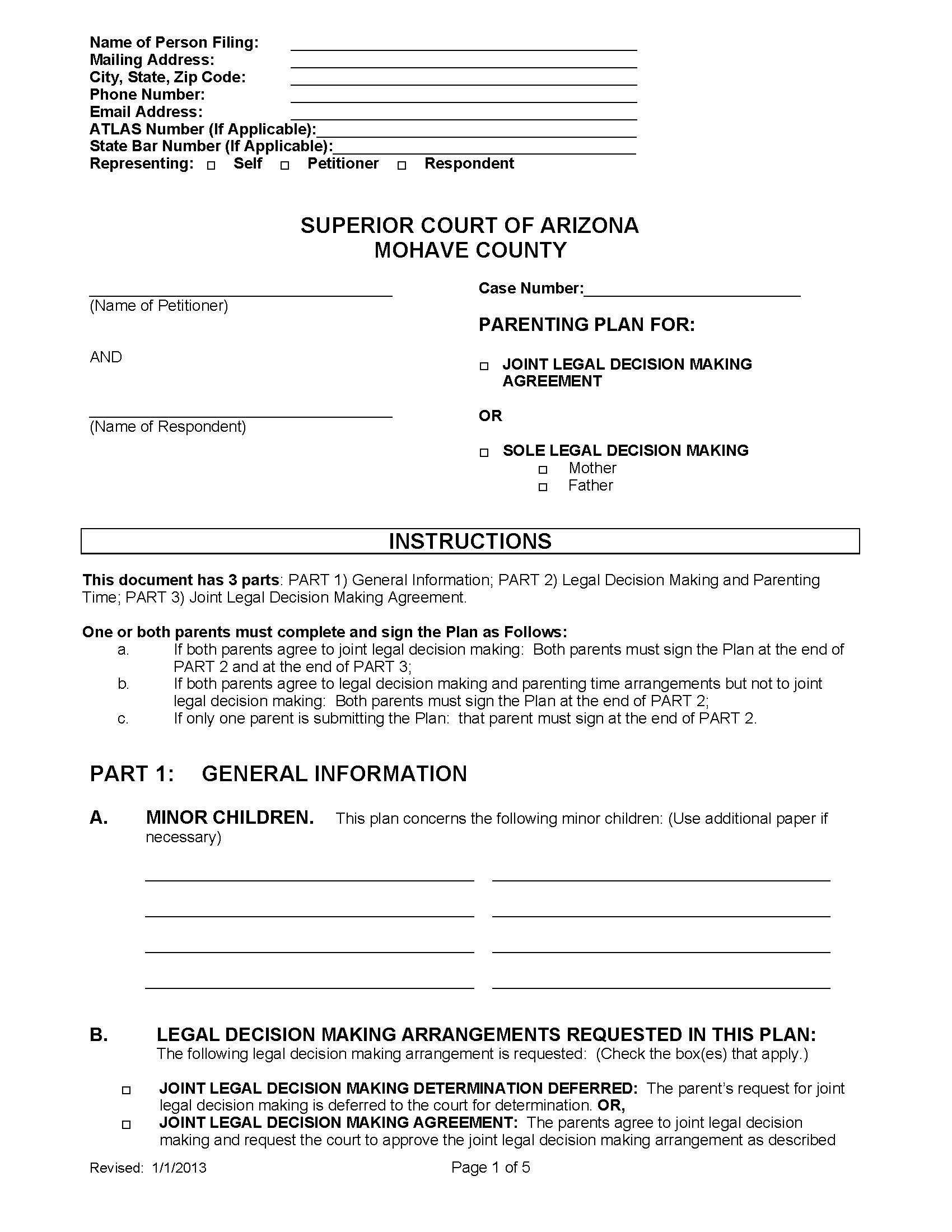 Parenting Plan For Joint Or Sole Legal Decision Making Agreement | Pdf Fpdf Doc Docx | Arizona