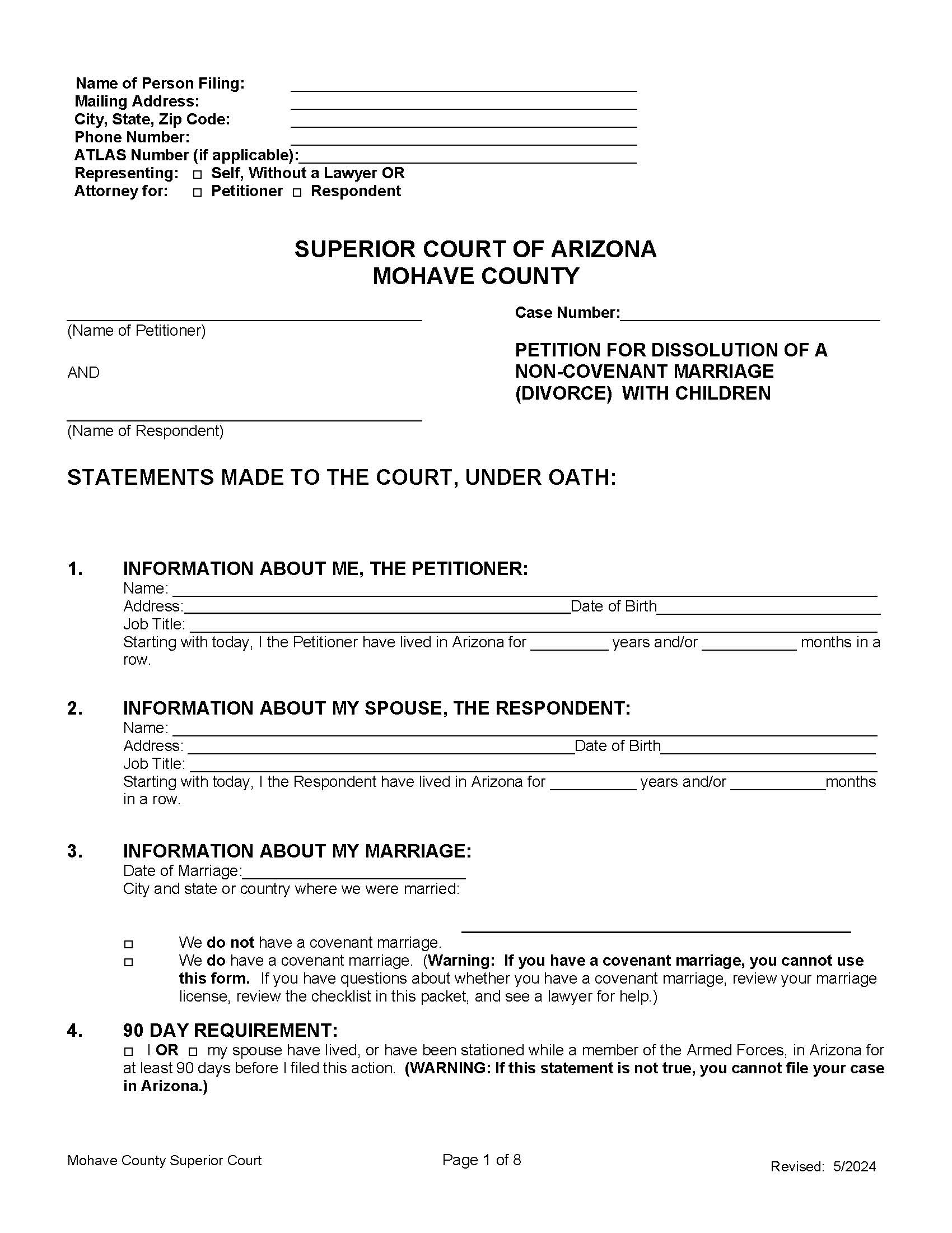 Petition For Dissolution Of Non Covenant Marriage With Children | Pdf Fpdf Doc Docx | Arizona