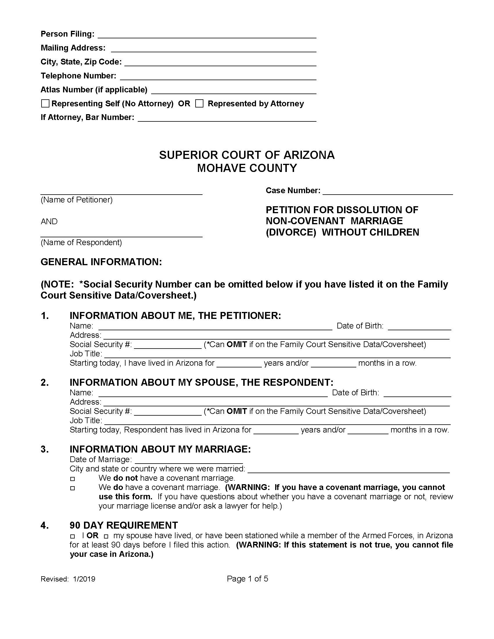 Petition For Dissolution Of Non Covenant Marriage Without Children | Pdf Fpdf Doc Docx | Arizona
