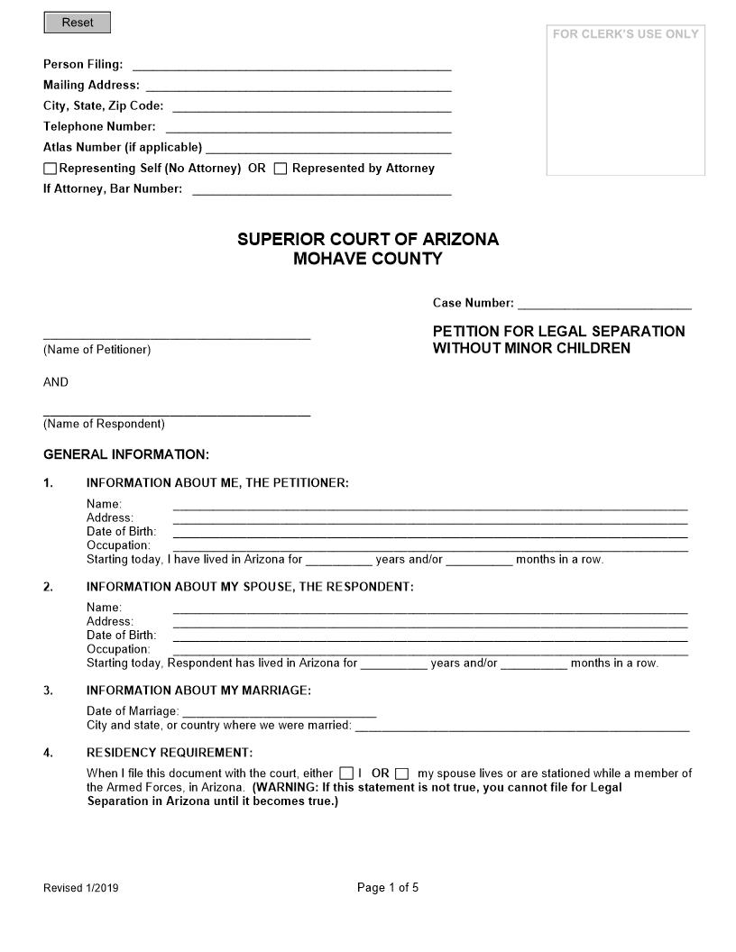 Petition For Legal Separation Without Minor Children | Pdf Fpdf Doc Docx | Arizona