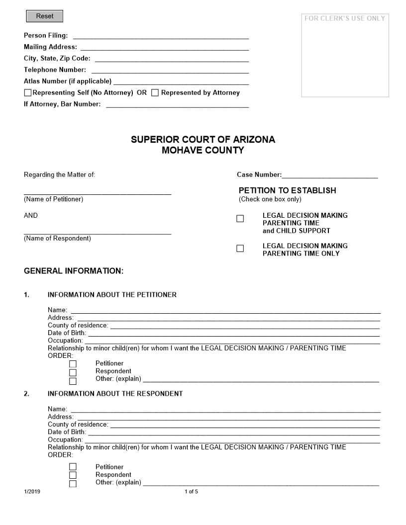 Petition To Establish Legal Decision Making Parenting Time And Child Support | Pdf Fpdf Doc Docx | Arizona