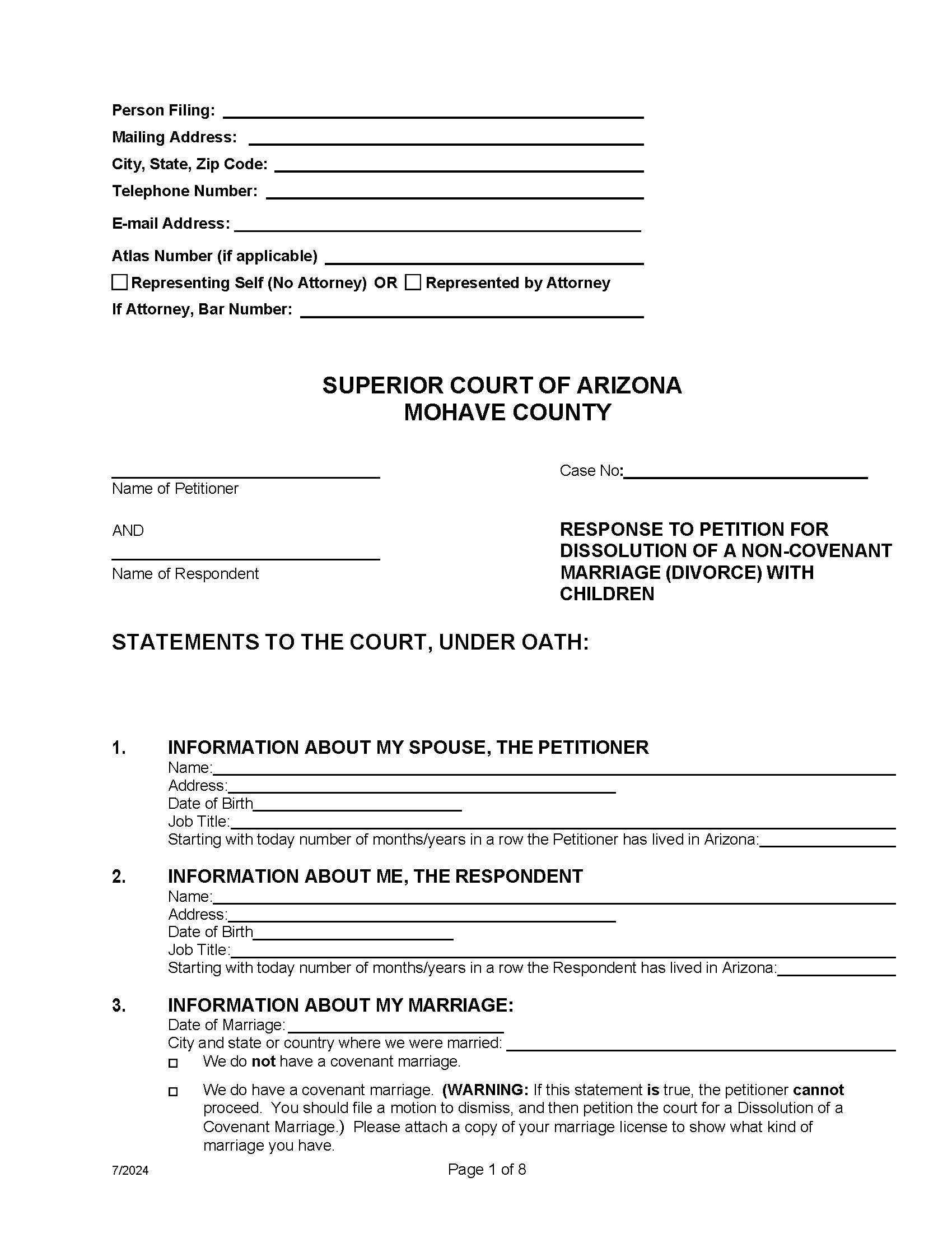 Response Petition Dissolution Of Non Covenant Marriage With Children | Pdf Fpdf Doc Docx | Arizona
