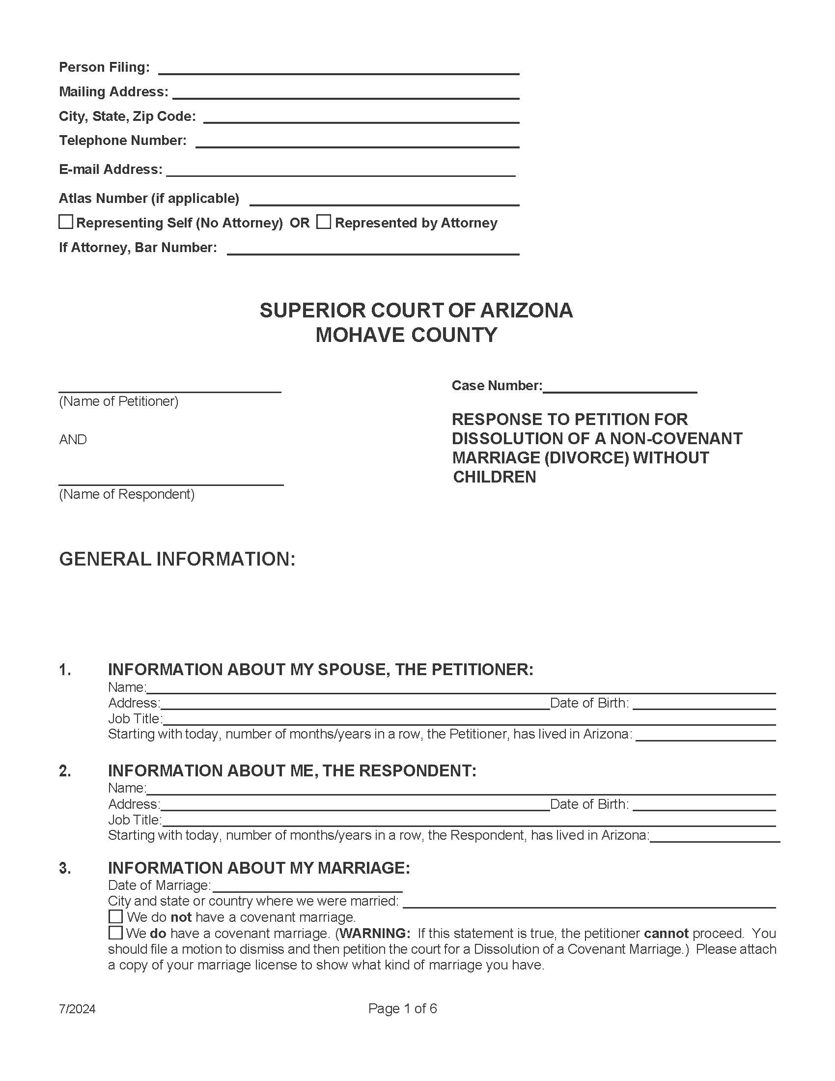 Response To Petition Dissolution Non Covenant Marriage Without Children | Pdf Fpdf Doc Docx | Arizona