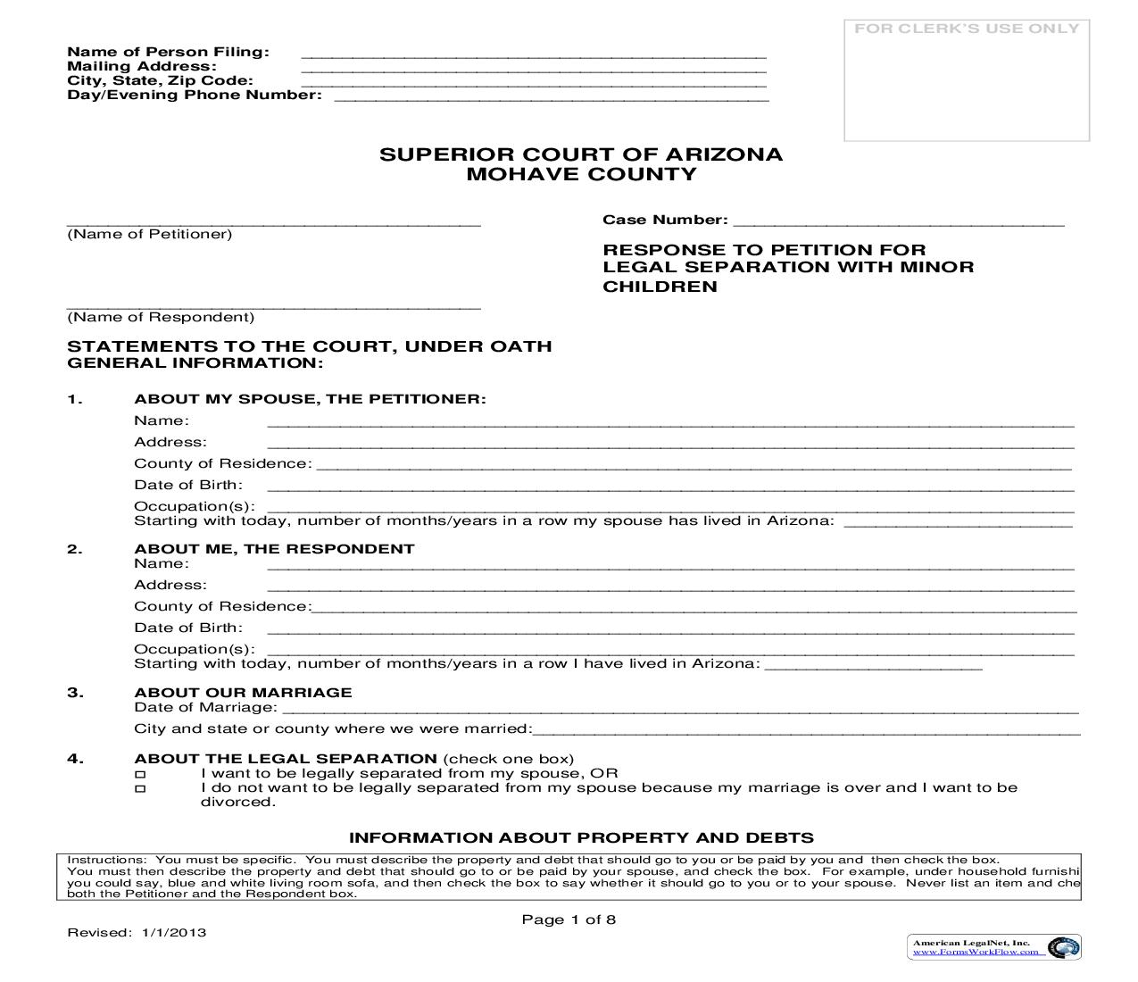 Response To Petition For Legal Separation With Minor Children | Pdf Fpdf Doc Docx | Arizona