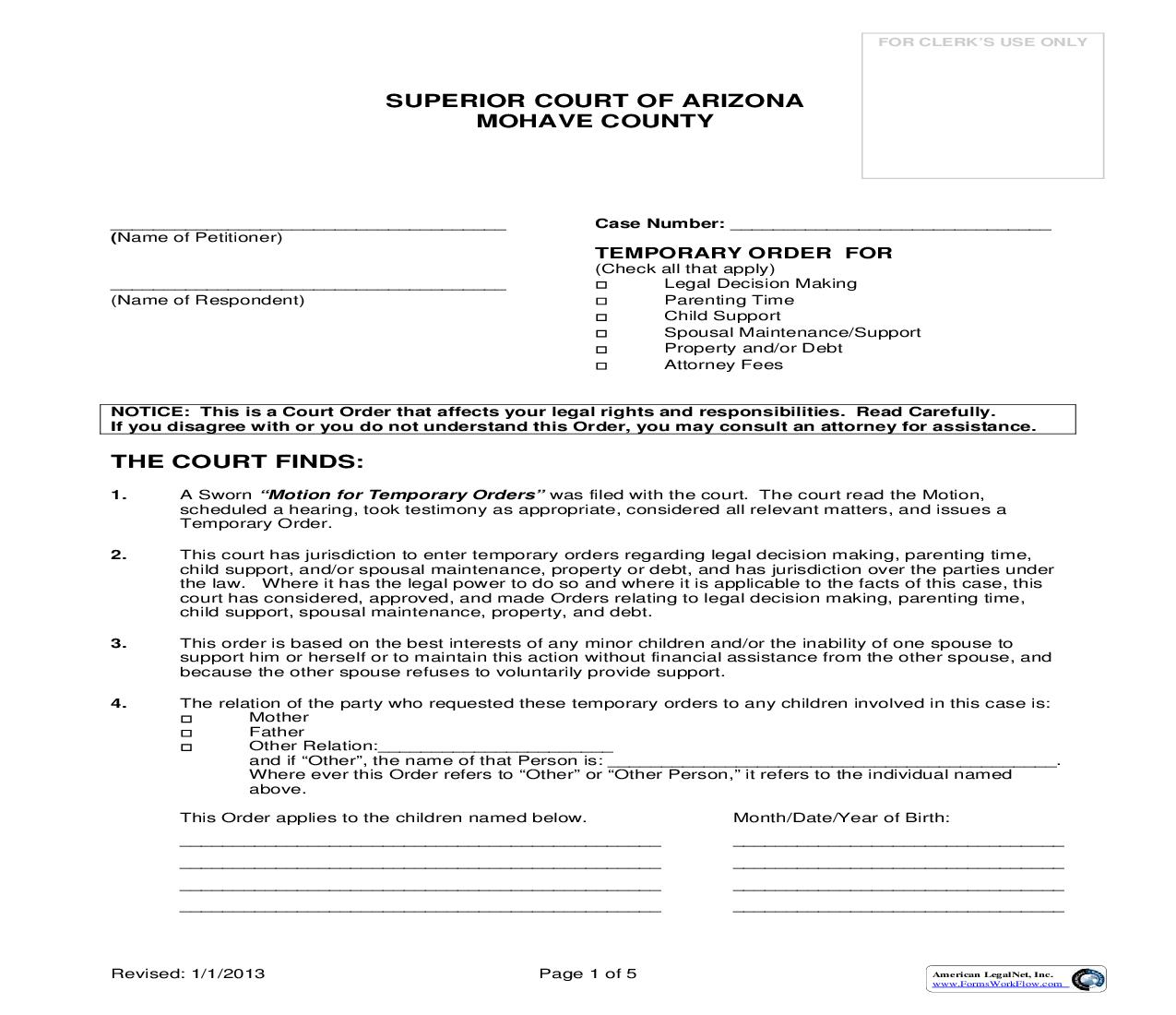 Temporary Order For | Pdf Fpdf Doc Docx | Arizona