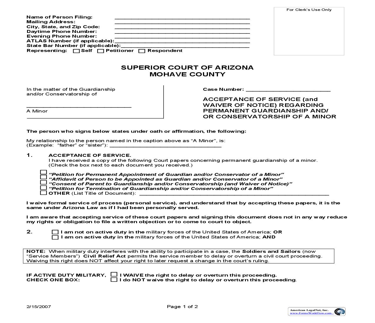 Acceptance Of Service (And Waiver Of Notice) Regarding Permanent Guardianship And Or Conservatorship Of A Minor | Pdf Fpdf Doc Docx | Arizona